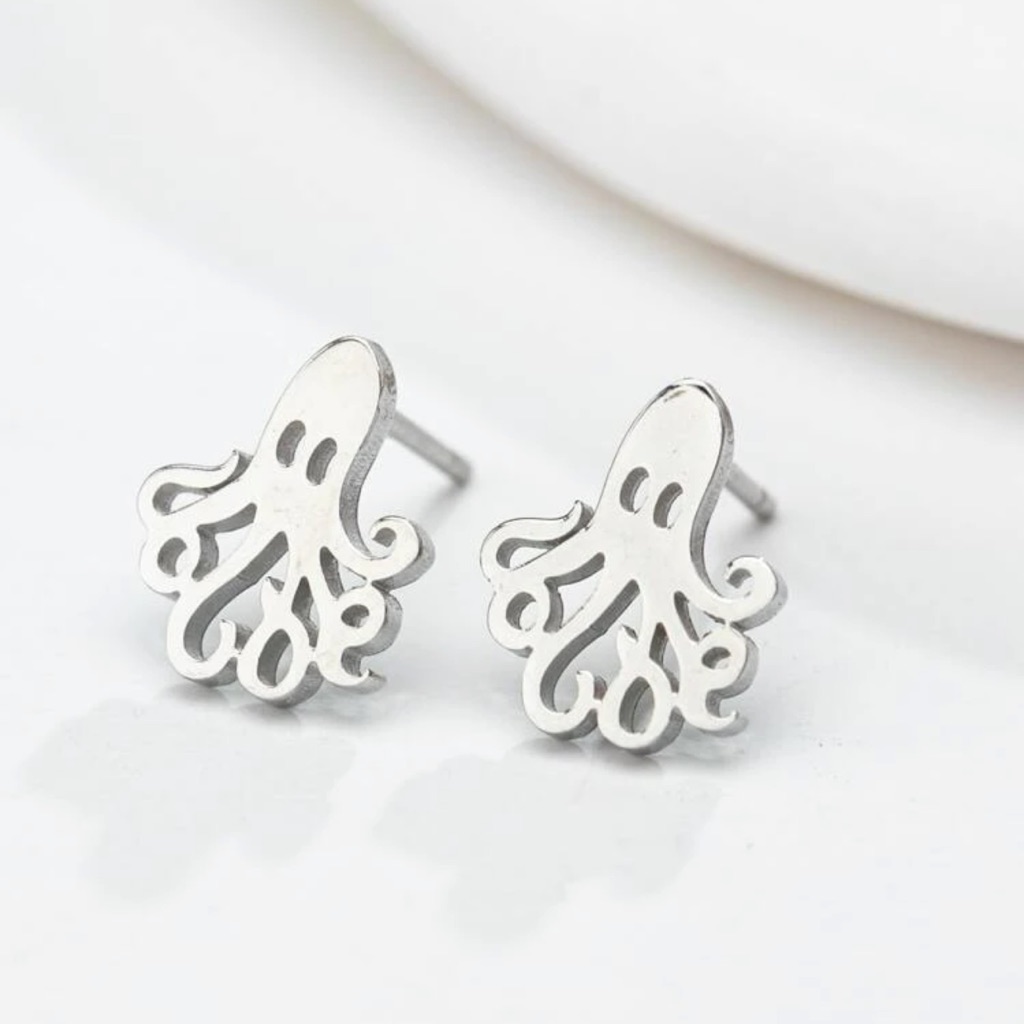 Adorable Dainty Metallic Silver Octopus Squid Kraken Stud Earrings